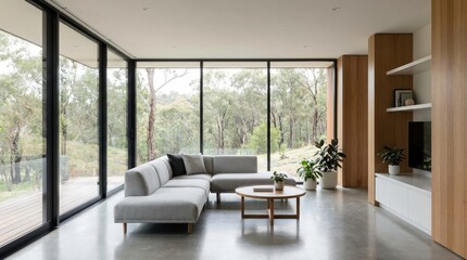 Fototapeta premium Modern Living Room with Scenic Nature View