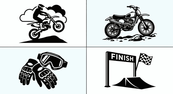Motocross Icon Set Dirt Bike Rider, Gear, Finish Line, Silhouette - ction, speed, jump, trail, helmet, goggles, gloves, gear, equipment, finish, flag
