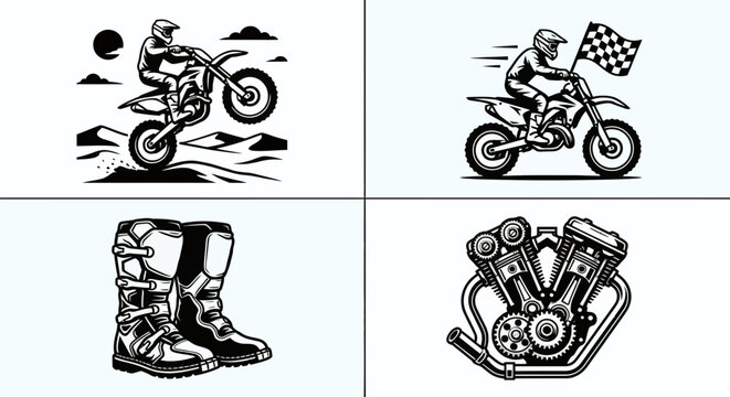Motocross Icon Set Dirt Bike Rider, Gear, Finish Line, Silhouette - ction, speed, jump, trail, helmet, goggles, gloves, gear, equipment, finish, flag
