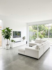 Fototapeta premium Modern White Living Room with Garden View