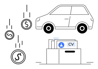 Financial management concept. Financial symbols such as coins, a car, and a CV folder convey of budgeting, job search, and economic planning. Ideal for finance, job market, and savings resources