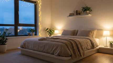 Fototapeta premium Cozy Modern Bedroom with Warm Evening Light