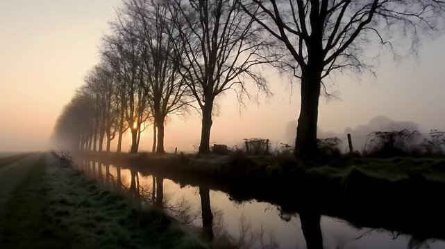Serene Early Morning Row of Tree-Lined Canal Bank Bathed in Mist and Sunrise