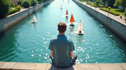 Person Looking Over Canal with Small Boats Below
