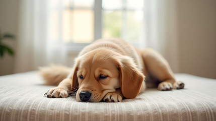 Sleeping Puppy Lying on Floor in Warm Natural Light
