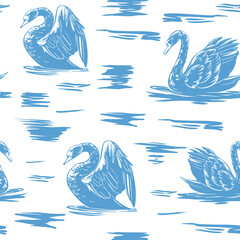 Swans seamless pattern, vector monochrome illustration