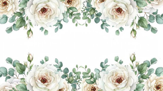 Soft White Background Framed by Lush Pale Pink Roses and Greenery Border Along the Top Edge