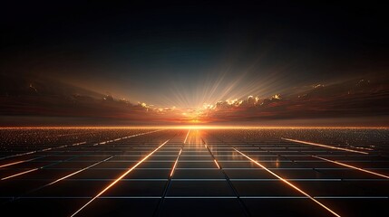 Futuristic Landscape with Glowing Horizon and Reflections in a Digital Environment at Sunset