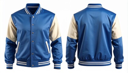 Front and back views of a blue varsity jacket with beige sleeves on a white background