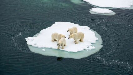 Polar Bears on Melting Ice Floe in Arctic Ocean.