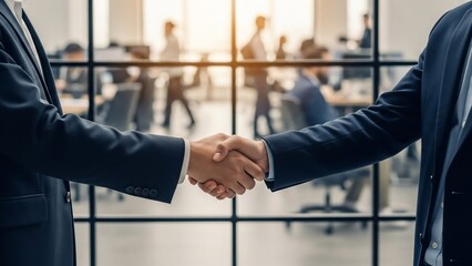 Two businessmen shaking hands in a modern office setting, symbolizing partnership and agreement.