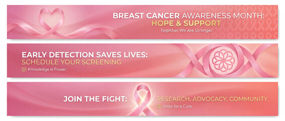 Three pink banners promoting breast cancer awareness, featuring ribbons, messages of hope, early detection, and community support.
