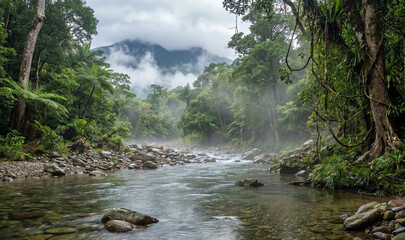 A river with a rocky bottom and a mountain