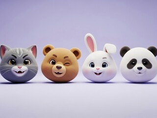 Obraz premium Set of Cute 3D Kawaii Animal Heads Winking and Smiling. Generative Ai