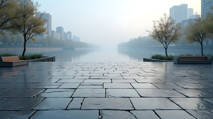 Foggy Lakeside Walkway with Calm Perspective
