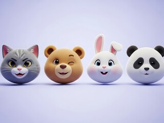 Fototapeta premium Set of Cute 3D Kawaii Animal Heads Winking and Smiling. Generative Ai