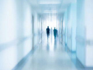 Blurred figures move through a bright, long hospital corridor, suggesting a medical journey or urgent passage.