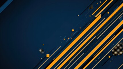 Abstract Dark Blue Background with Geometric Orange Lines and Pixelated Effects for Modern Design