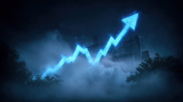 Glowing Blue Upward Arrow Symbol Amidst Trees with Cityscape Background in Moody Lighting - Powered by Adobe