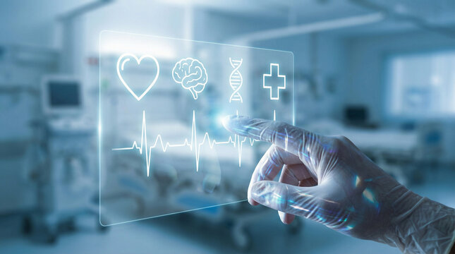 Gloved hand touching a futuristic transparent screen with medical icons and a heartbeat graph in a hospital setting, representing digital healthcare. - Powered by Adobe