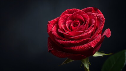 Fototapeta premium Valentine flower concept, single red rose with water drops, macro photography, dark elegant background, soft dramatic lighting, ultra sharp focus, premium stock photo, no people, no text one