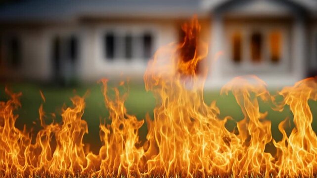 A house is on fire with flames engulfing the front lawn.