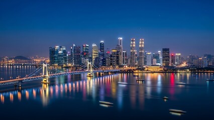 Fototapeta premium City Skyline at Night with Water Reflections.