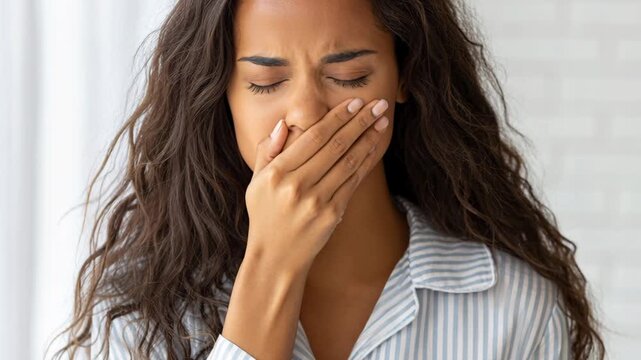 A young woman is yawning widely, covering her mouth with her hand, feeling tired, sleepy, and bored.