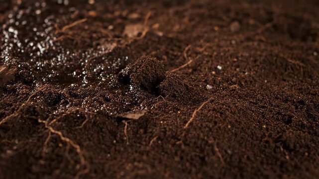 Close-up of rich dark wet soil with visible roots and water droplets
