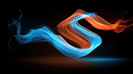 Abstract S-Shaped Waveform Flowing in Blue to Orange Gradient with Shiny Particles Against a Dark Background
