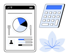 Nutrition tracking, diet planning, wellness management, health apps, calorie counting, healthy lifestyle. Smartphone screen with pie chart, calculator leaf symbol. Nutrition tracking and diet