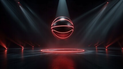 Futuristic stage with glowing red basketball silhouette music disco ball party concert for tech event background and virtual reality design