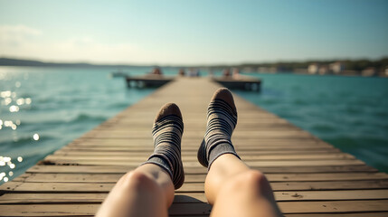 Relaxing View of Legs Stretched on Wooden Pier by Sea
