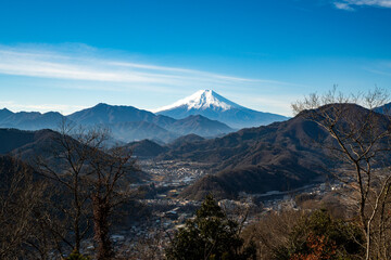 冬の青空と冠雪した富士山の風景