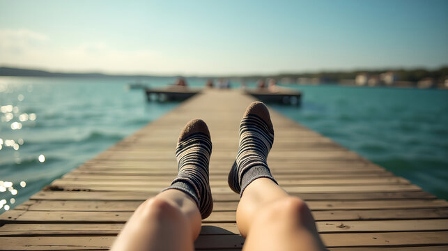 Relaxing View of Legs Stretched on Wooden Pier by Sea
 - Powered by Adobe