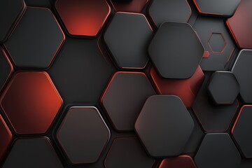 Abstract Dark Gray Hexagon Pattern with Red Orange Glow Geometric Texture and Modern Futuristic Design with Shadow
