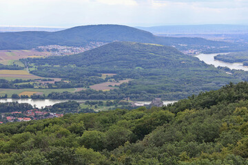 Obraz premium View of Devin Castle and the Danube River from Devínska Kobyla; scenic Slovakia landscape with historic fortress and sweeping river panorama