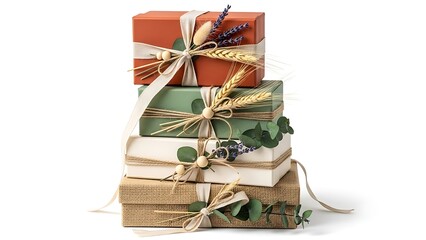Beautifully wrapped gifts stacked together with ribbons and flowers