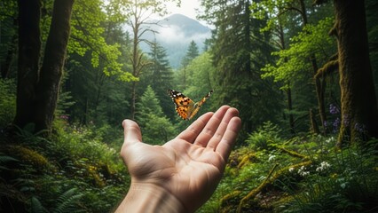 Human hand releasing butterfly above forest backdrop symbolizing biodiversity protection and environmental conservation initiative