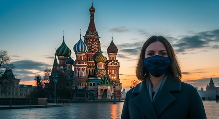 Woman in Mask with Saint Basils Cathedral at Sunset.