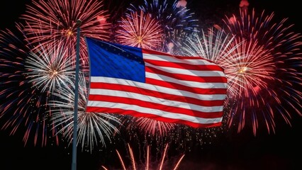 US Flag Waving in Night Sky with Vibrant Fireworks Celebration Background