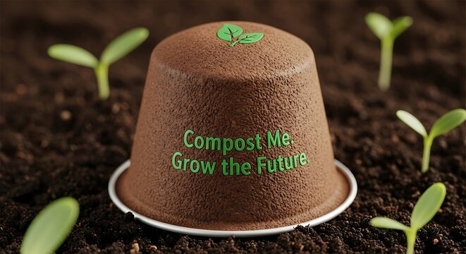 Compostable Coffee Pod in Soil with Seedlings - Sustainable Future.