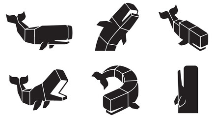 Set of stylized geometric whale illustrations in black and white, representing different poses and perspectives. © Riki