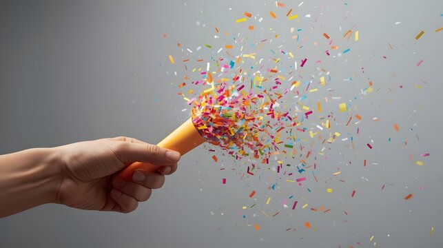 Hand holding party popper with colorful confetti exploding