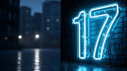 Neon sign displaying 17 on a rainy city street at night