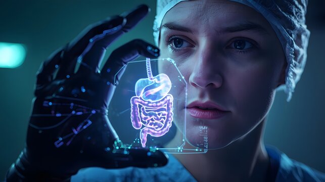 Female surgeon with futuristic holographic display of human digestive system - Powered by Adobe