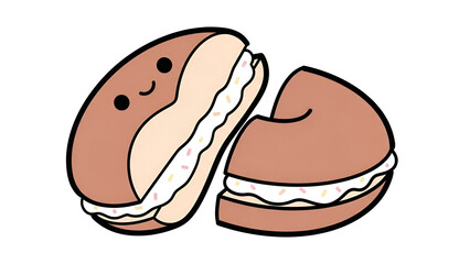 Playful cream bun pastry with kawaii face and filling, bold outline illustration style suited for sticker printing, food branding, menu graphics, and children&rsquo;s designs. Clean white background.