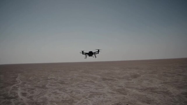 Unmanned hexacopter drone flying over barren desert