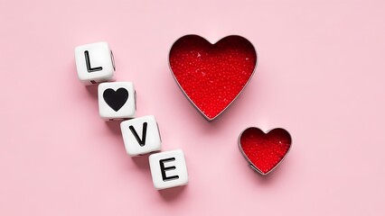 Flat lay of white dice spelling LOVE next to red heart shapes on pink background