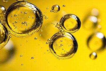 Floating Oil Bubbles On Yellow Background With Soft Lighting And Abstract Design Creating A Textured Visual Composition